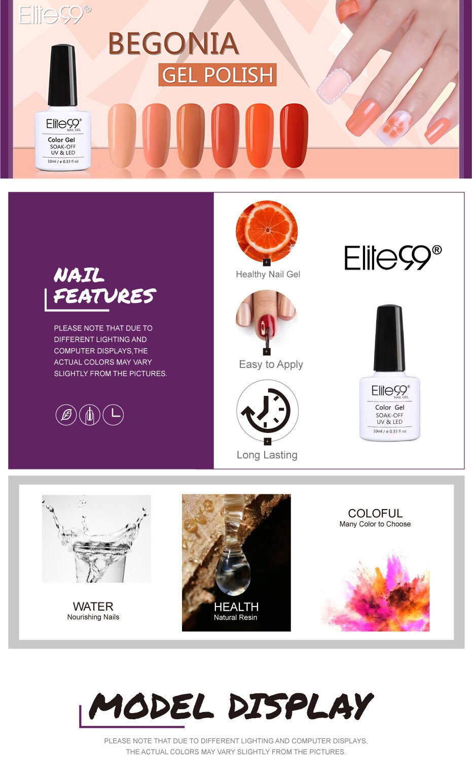 Elite99 10ml Begonia Gel Nail Polish Soak Off Orange Color Nail Art Lacquer UV Gel For Nails Semi Permanant UV Gel Nail Varnish