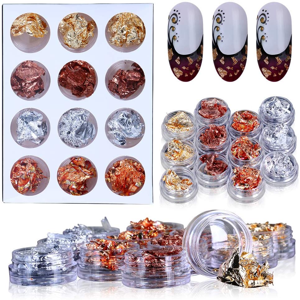 12 Bottles Gold Silver Copper Nail Decorations Professional Manicure 3D DIY Foil Chip Natural Nail Art Tip Decoration