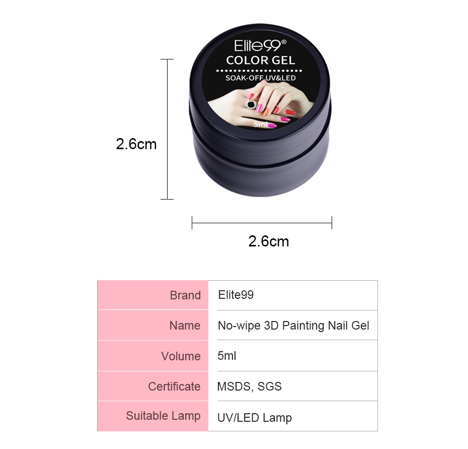 Elite99 5ml No-Wiping 3D Gel Paint Nail Art Drawing Nails Sculpture Gel Nail Polish Semi-permanent Nail Manicure Soak Off UV LED
