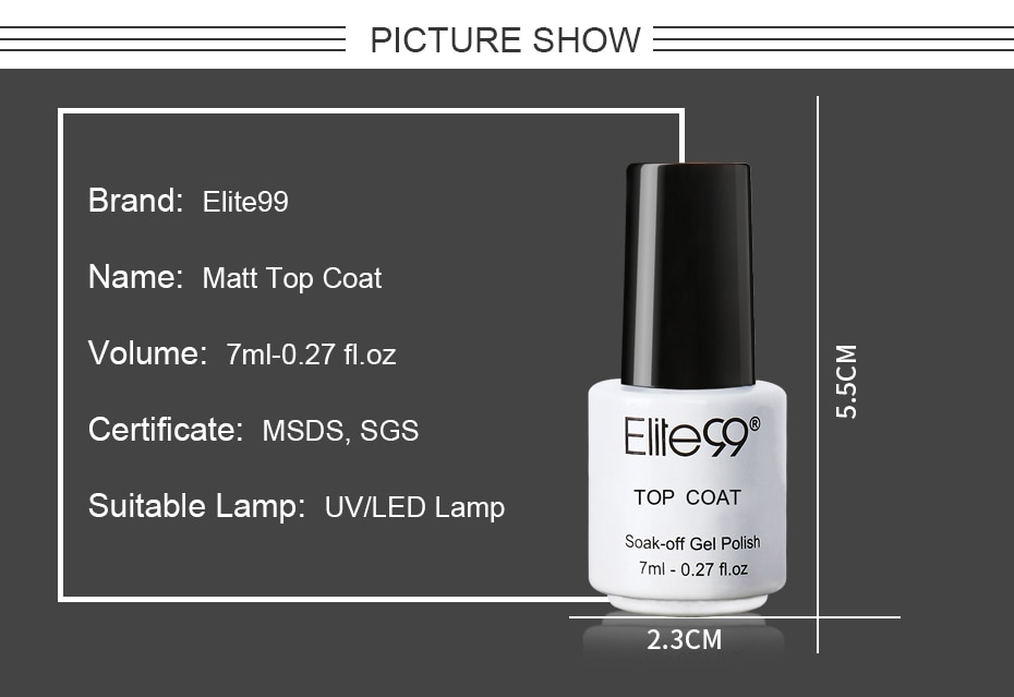 Elite99 7ml Matte Top Coat Color UV Gel Nail Polish Semi Permanent Nail Art Gel Paint Matte Effect Soak Off Nails Gel Varnishes