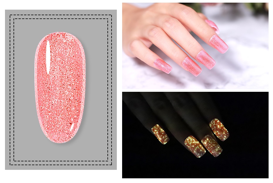 Elite99 Luminous Rose Gold Gel Polish Shimmer Glitter Glow In The Dark Nail Art Gel Lacquer Enamel Semi Permanent UV Nail Polish