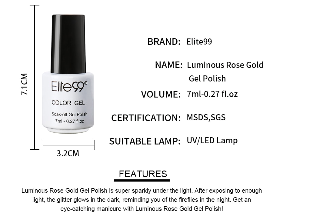 Elite99 Luminous Rose Gold Gel Polish Shimmer Glitter Glow In The Dark Nail Art Gel Lacquer Enamel Semi Permanent UV Nail Polish