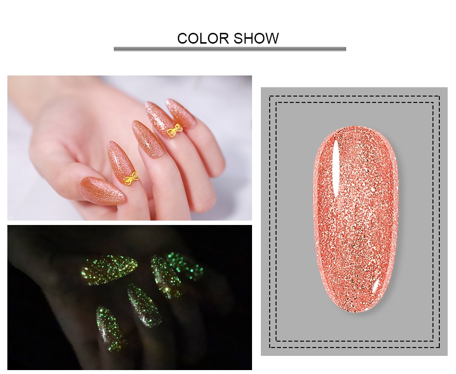 Elite99 Luminous Rose Gold Gel Polish Shimmer Glitter Glow In The Dark Nail Art Gel Lacquer Enamel Semi Permanent UV Nail Polish