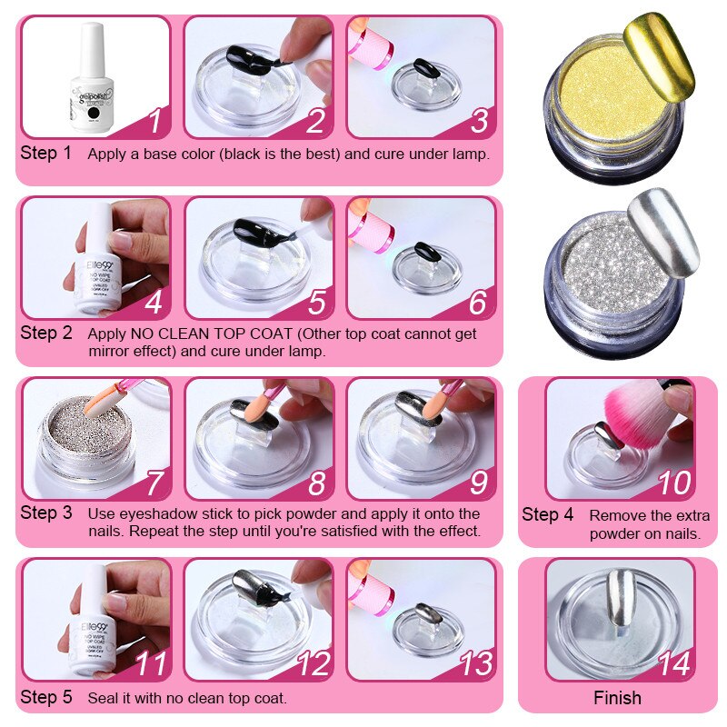 Elite99 Chameleon Mirror Nail Glitters Shinning Powder With Sponge Stick Gorgeous Nail Art Chrome Pigment Manicure Decorations