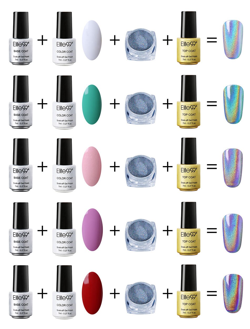 Elite99 UV Gel Powder with Brush Holo Effect Mirror Powder Against Any Base Color Gel Polish Nail Art for DIY Manicure