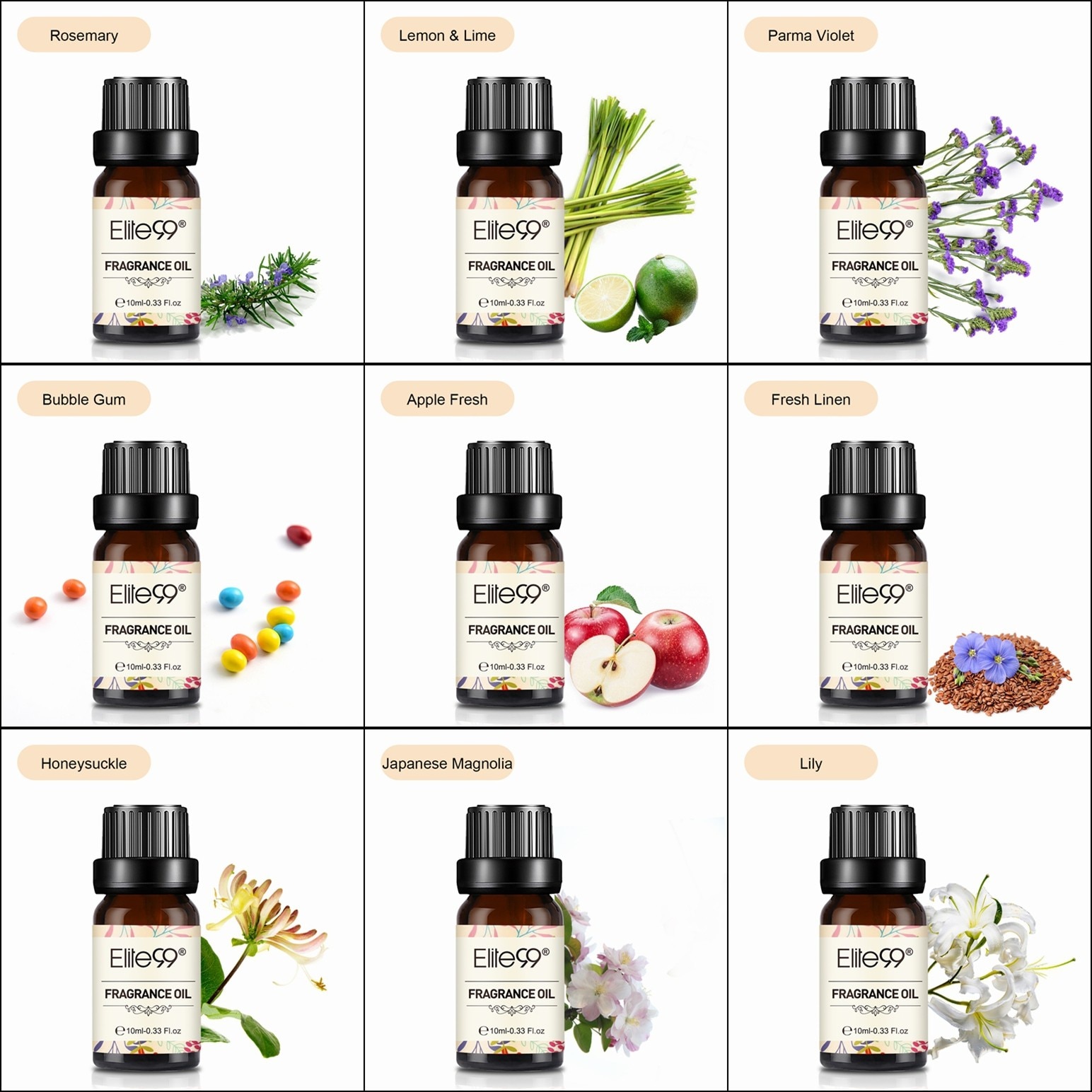 Elite99 Flower Fruit Essential Oil for Humidifier Fragrance Lamp Bubble Gum Mandarin Honeysuckle Sea Breeze Baby Powder Oil 10ml