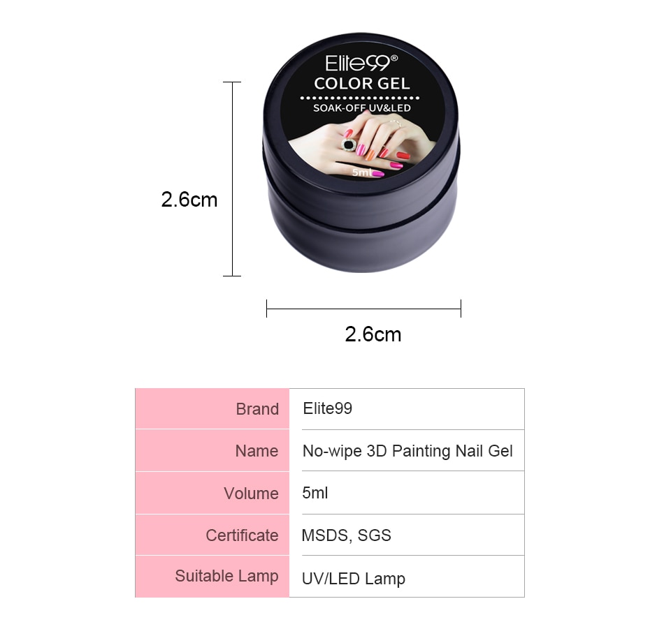 Elite99 5ml No-Wiping 3D Gel Painting Nail Polish Drawing Nails Sculpture Gel Paint Nail Art Manicure Soak Off UV LED Lamp